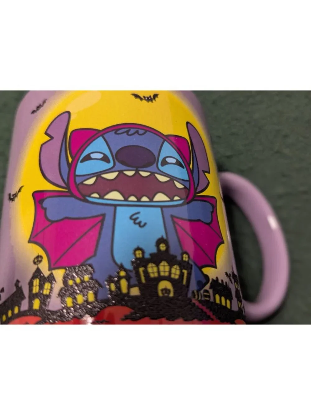 Disney Stitch Halloween Ceramic Mug 20 Oz Purple With Haunted House & Bat Design